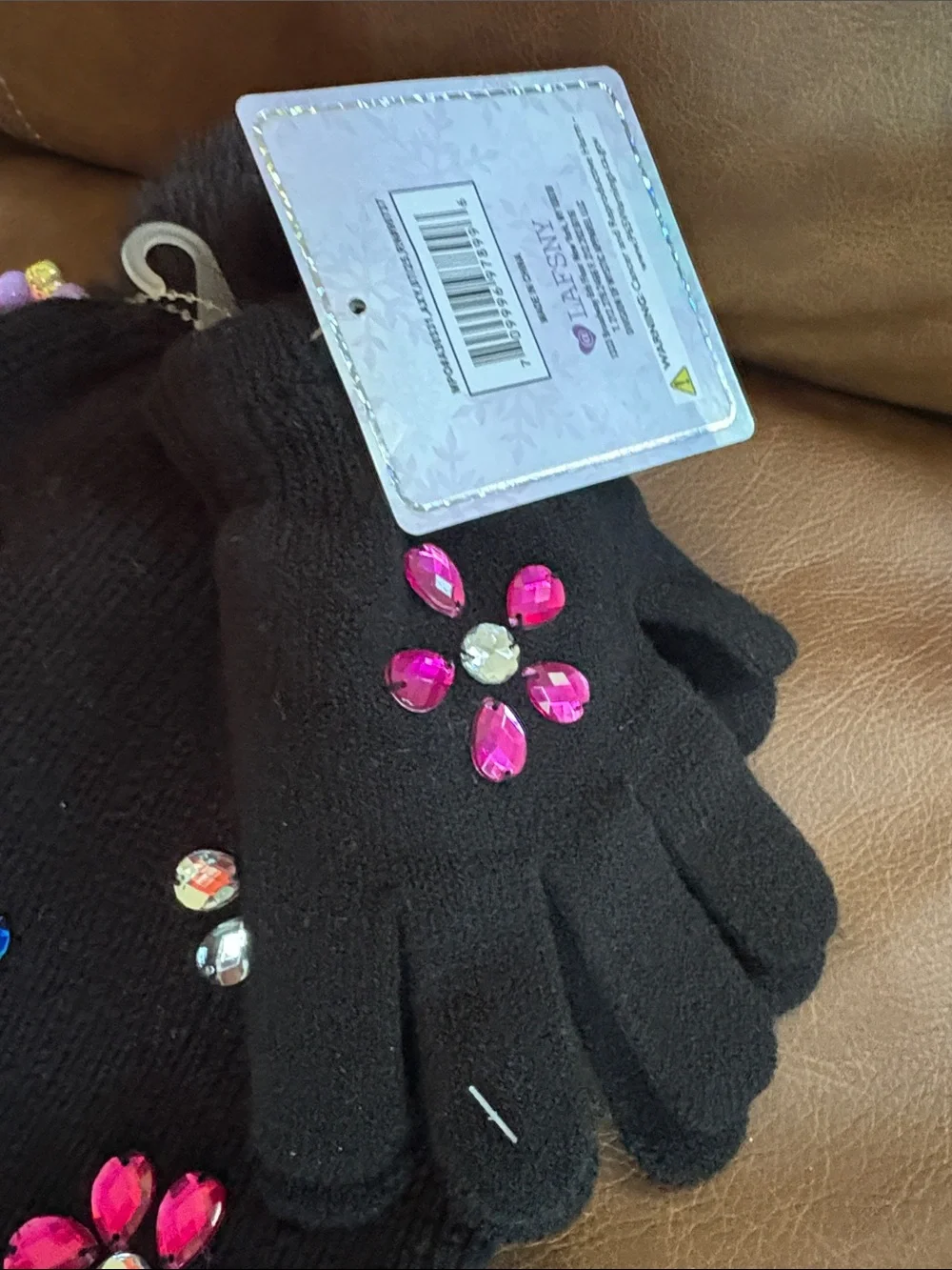 Love & Fashion Kids Black Beanie Hat and Glove Set with Colorful Gem Flowers